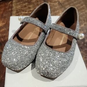 Glittery Silver Kids Dress Shoes with Pearl Accent